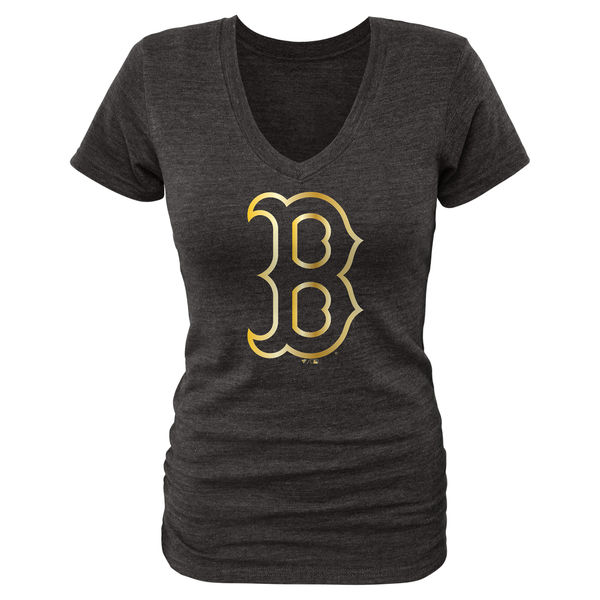 Boston Red Sox Fanatics Apparel Women's Gold Collection V Neck Tri Blend T-Shirt Black - Click Image to Close