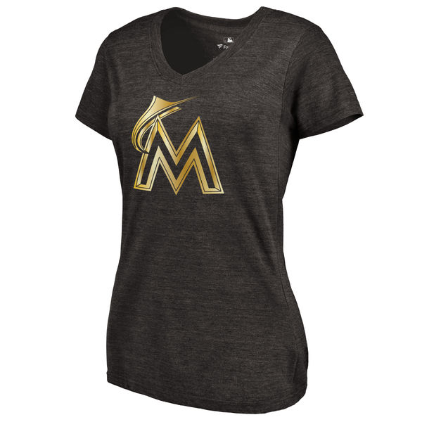 Miami Marlins Fanatics Apparel Women's Gold Collection Tri Blend V Neck T-Shirt Black