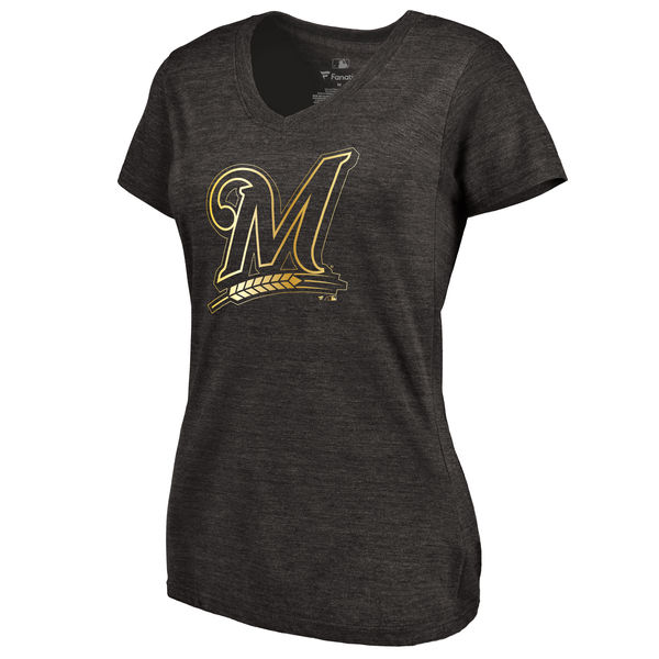 Milwaukee Brewers Fanatics Apparel Women's Gold Collection V Neck Tri Blend T-Shirt Black