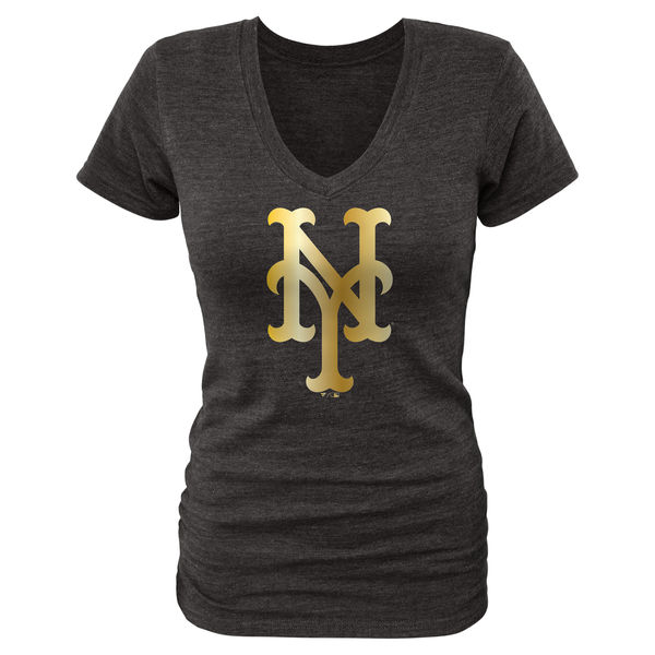 New York Mets Fanatics Apparel Women's Gold Collection V Neck Tri Blend T-Shirt Black