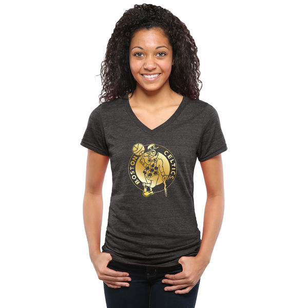 Boston Celtics Women's Gold Collection V Neck Tri Blend T-Shirt Black