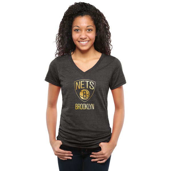 Brooklyn Nets Women's Gold Collection V Neck Tri Blend T-Shirt Black