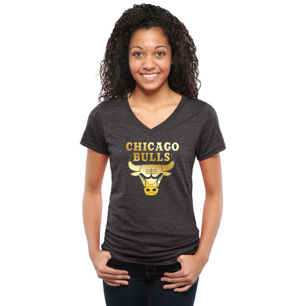Chicago Bulls Women's Gold Collection V Neck Tri Blend T-Shirt Black