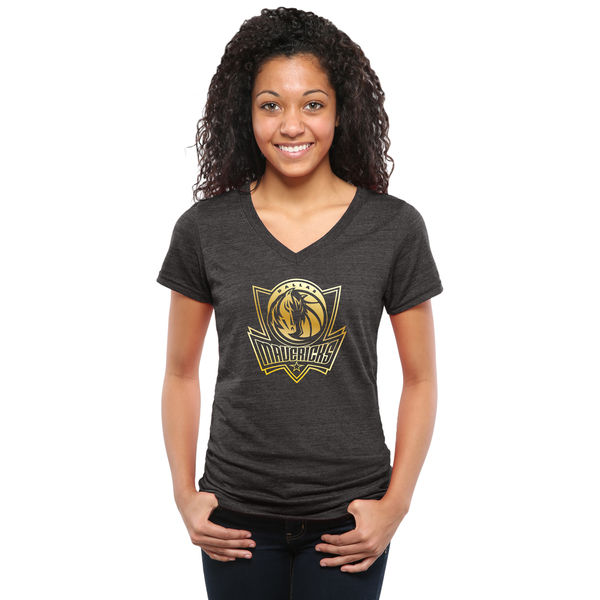 Dallas Mavericks Women's Gold Collection V Neck Tri Blend T-Shirt Black - Click Image to Close
