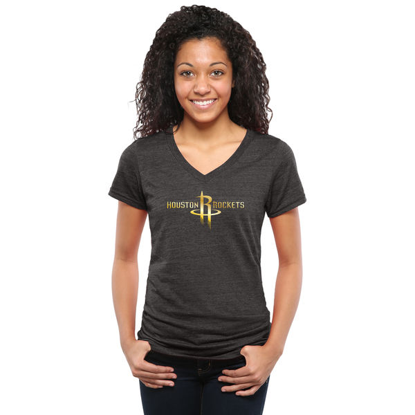 Houston Rockets Women's Gold Collection V Neck Tri Blend T-Shirt Black