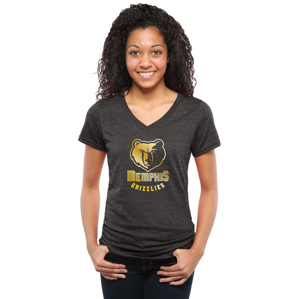 Memphis Grizzlies Women's Gold Collection V Neck Tri Blend T-Shirt Black - Click Image to Close