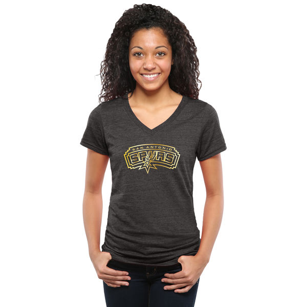 San Antonio Spurs Women's Gold Collection V Neck Tri Blend T-Shirt Black - Click Image to Close