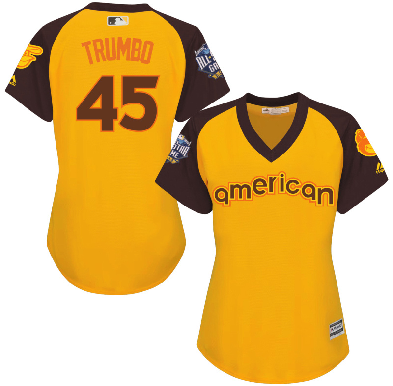 Orioles 45 Mark Trumbo Yellow Women 2016 All-Star Game Cool Base Batting Practice Player Jersey