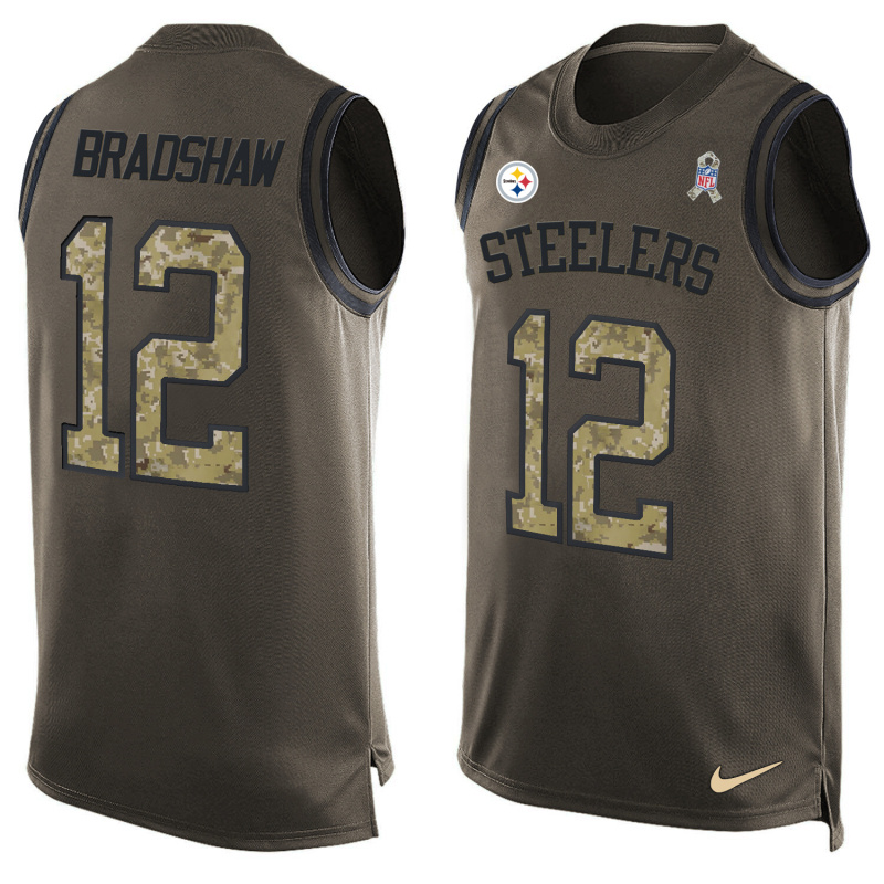 Nike Steelers 12 Terry Bradshaw Olive Green Salute To Service Player Name & Number Tank Top