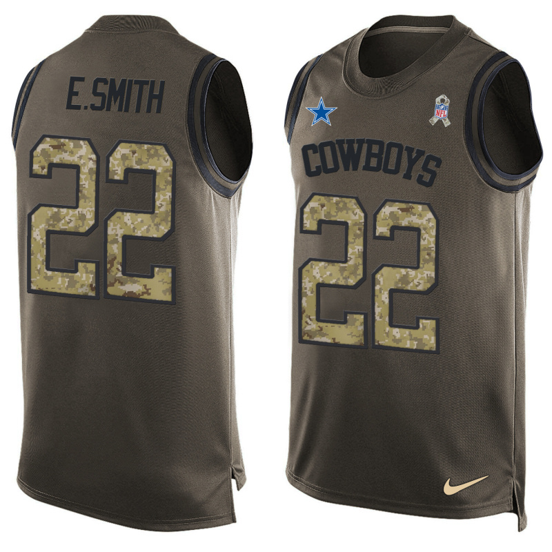 Nike Cowboys 22 Emmitt Smith Olive Green Salute To Service Player Name & Number Tank Top