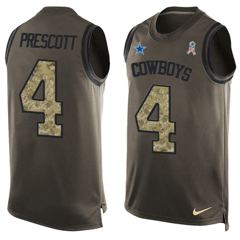 Nike Cowboys 4 Dak Prescott Olive Green Salute To Service Player Name & Number Tank Top