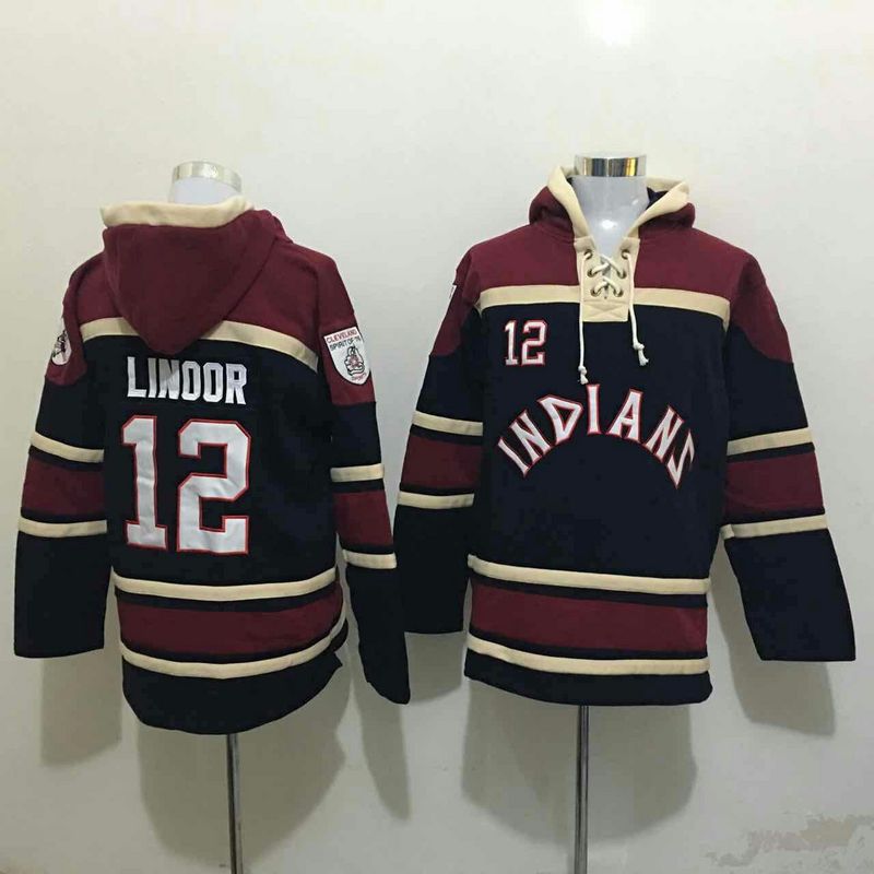 Indians 12 Francisco Lindor Navy All Stitched Hooded Sweatshirt