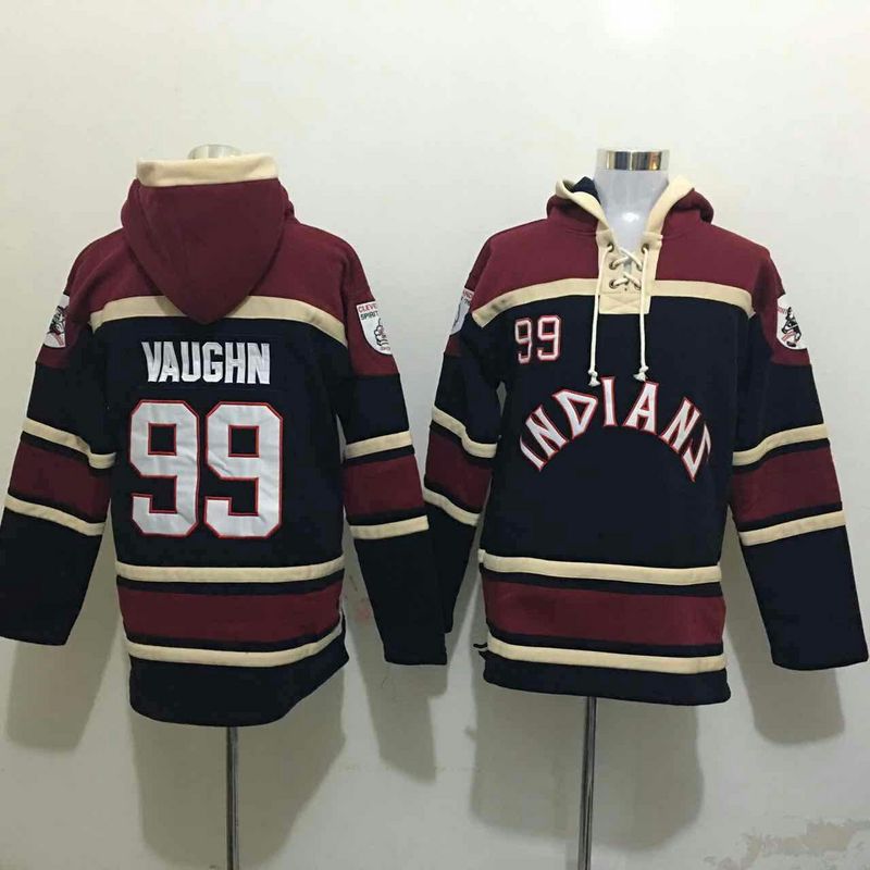 Indians 99 Ricky Vaughn Navy All Stitched Hooded Sweatshirt