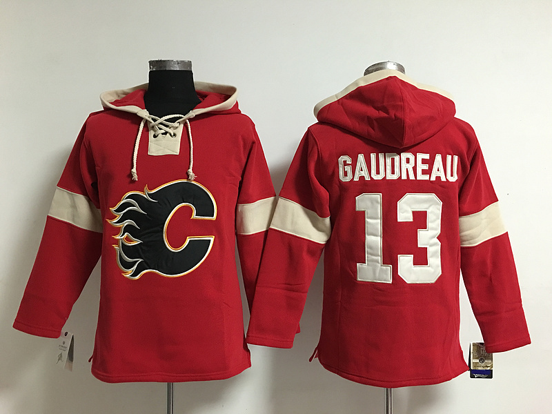 Flames 13 Johnny Gaudreau Red All Stitched Hooded Sweatshirt