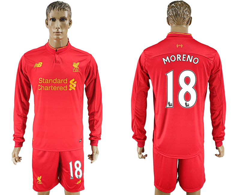 2016-17 Liverpool 18 MORENO Home Long Sleeve Soccer Jersey