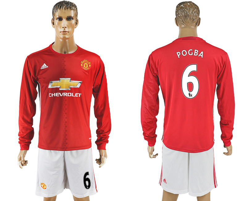 2016-17 Manchester United 6 POGBA Home Long Sleeve Soccer Jersey