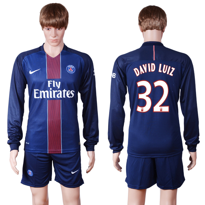 2016-17 Paris Saint-Germain 32 DAVID LUIZ Home Long Sleeve Soccer Jersey