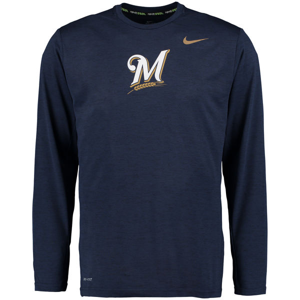 Milwaukee Brewers Nike Stadium Dri-Fit Touch Long Sleeve Men's T-Shirt Navy - Click Image to Close