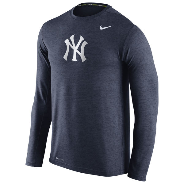 New York Yankees Nike Stadium Dri-Fit Touch Long Sleeve Men's T-Shirt Navy - Click Image to Close