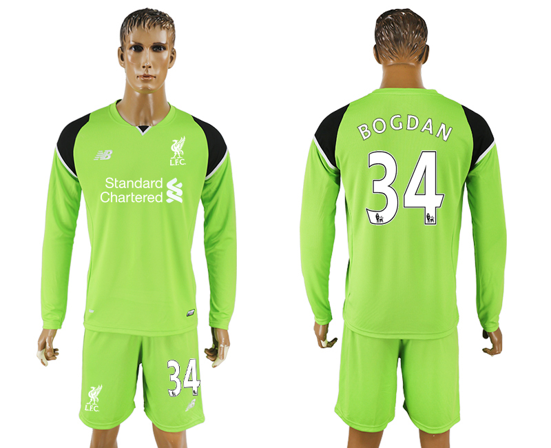 2016-17 Liverpool 34 BOGDAN Green Goalkeeper Long Sleeve Soccer Jersey