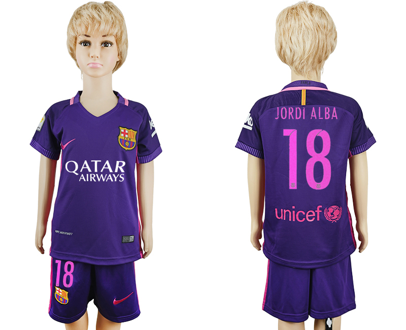 2016-17 Barcelona 18 JORDI ALBA Away Youth Soccer Jersey