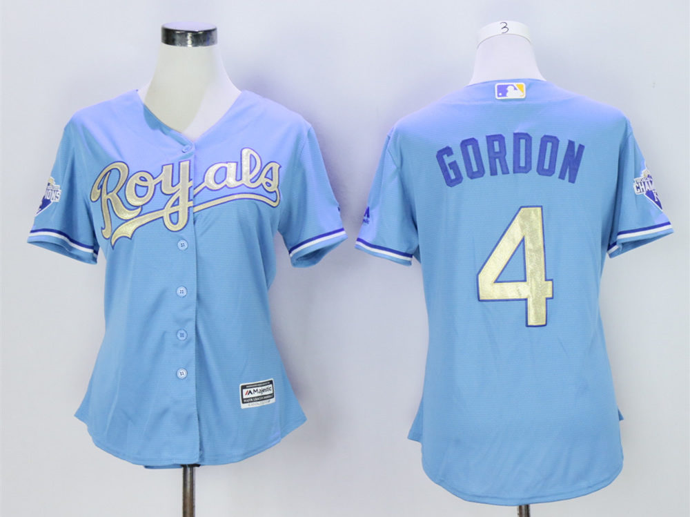 Royals 4 Alex Gordon Light Blue Women 2015 World Series Champions New Cool Base Jersey