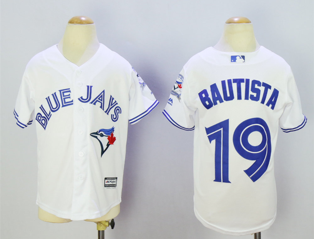 Blue Jays 19 Jose Bautista White Youth With 40th Aniversary Patch New Cool Base Jersey - Click Image to Close