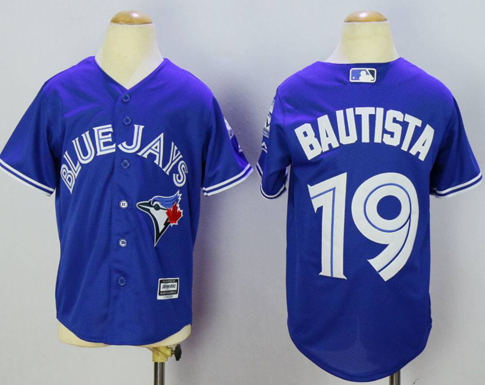 Blue Jays 19 Jose Bautista Blue With 40th Anniversary Patch Youth New Cool Base Jersey - Click Image to Close