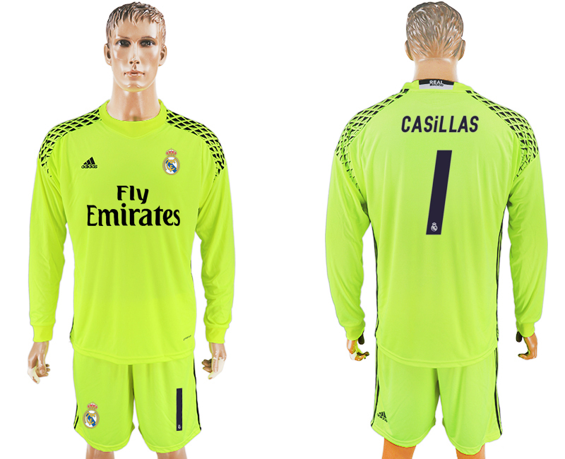 2016-17 Real Madrid 1 CASILLAS Fluorescent Green Long Sleeve Goalkeeper Soccer Jersey