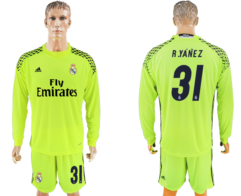 2016-17 Real Madrid 31 R.YANEZ Fluorescent Green Long Sleeve Goalkeeper Soccer Jersey 2016-17 Real Madrid 31 R.YANEZ Fluorescent Green Long Sleeve Goalkeeper Soccer Jersey