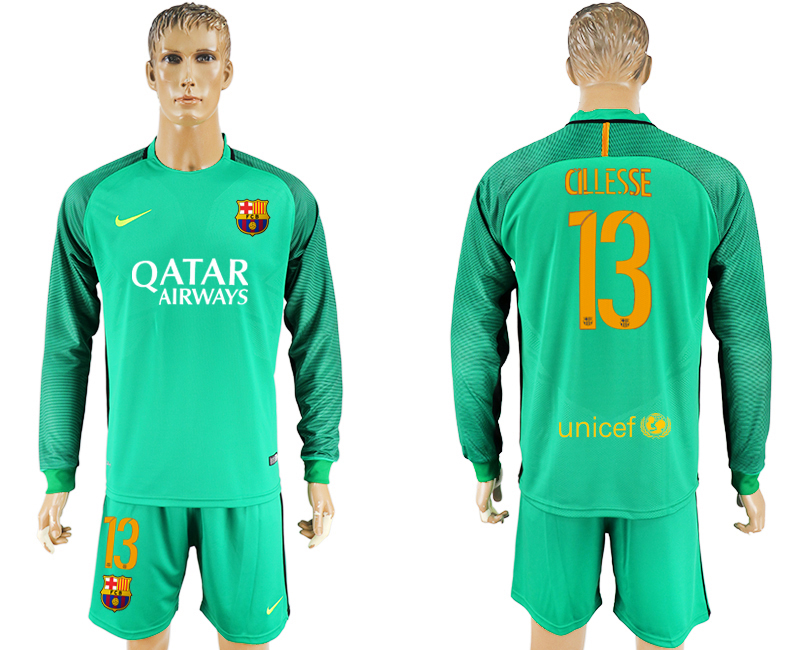 2016-17 Barcelona 13 CILLESSE Green Long Sleeve Goalkeeper Soccer Jersey