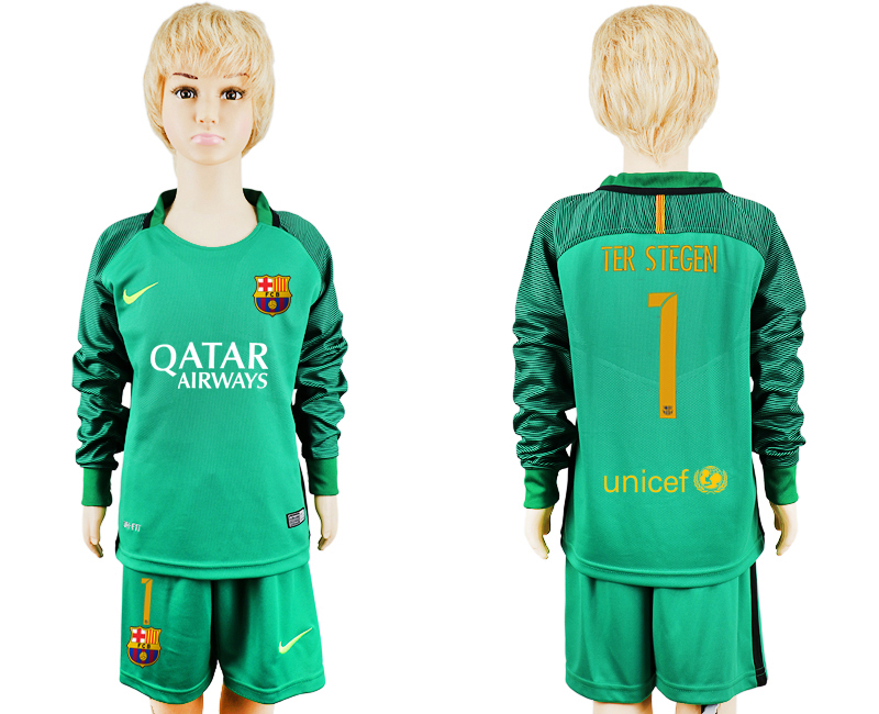 2016-17 Barcelona 1 TER STEGEN Green Goalkeeper Youth Long Sleeve Soccer Jersey