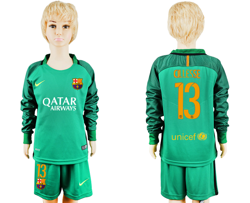 2016-17 Barcelona 13 CILLESSE Green Goalkeeper Youth Long Sleeve Soccer Jersey