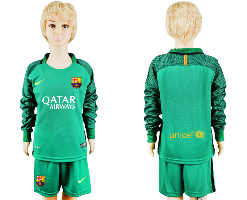 2016-17 Barcelona Green Goalkeeper Youth Long Sleeve Soccer Jersey