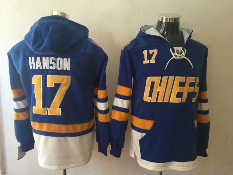 Hanson Brothers 17 Steve Hanson Blue All Stitched Hooded Sweatshirt