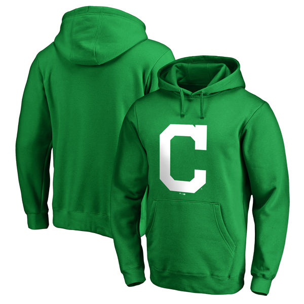 Men's Cleveland Indians Fanatics Branded Kelly Green St. Patrick's Day White Logo Pullover Hoodie - Click Image to Close