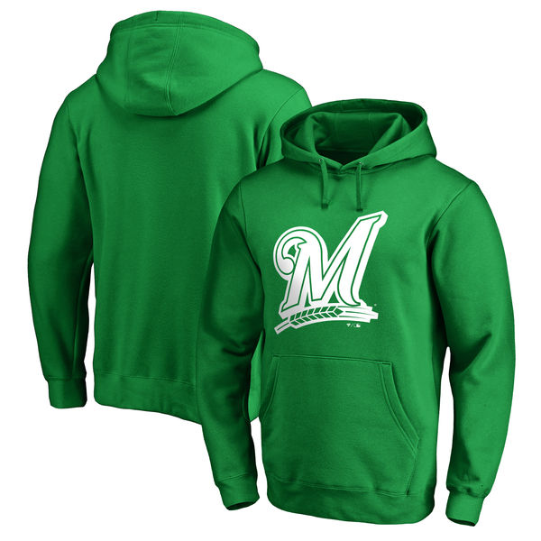 Men's Milwaukee Brewers Fanatics Branded Kelly Green St. Patrick's Day White Logo Pullover Hoodie - Click Image to Close