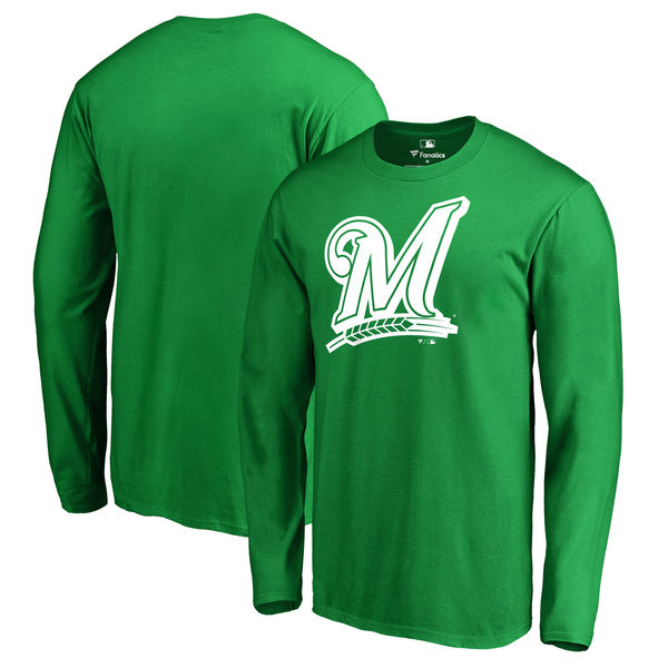 Men's Milwaukee Brewers Fanatics Branded Kelly Green St. Patrick's Day White Logo Long Sleeve T-Shirt