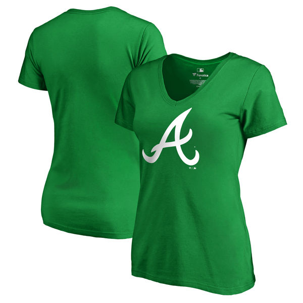 Women's Atlanta Braves Fanatics Branded Kelly Green Plus Size St. Patrick's Day White Logo V Neck T-Shirt