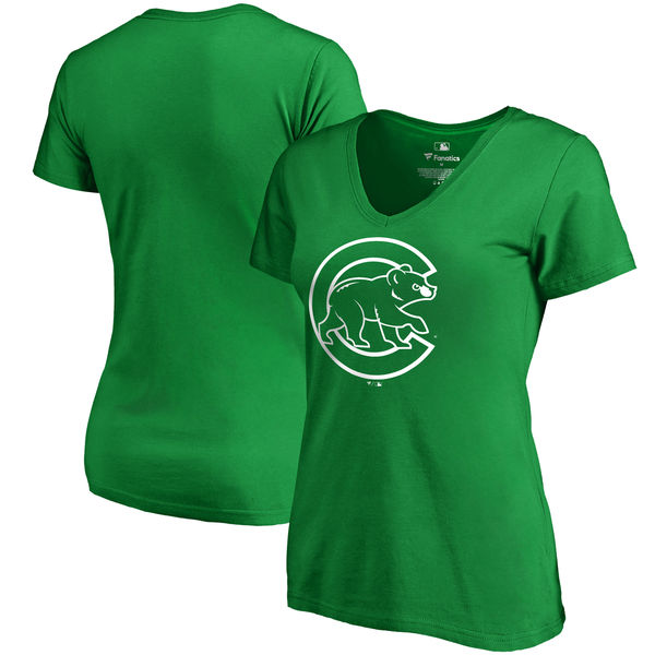 Women's Chicago Cubs Fanatics Branded Green St. Patrick's Day White Logo V Neck T-Shirt