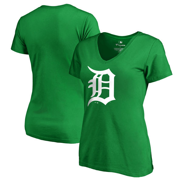 Women's Detroit Tigers Fanatics Branded Kelly Green Plus Size St. Patrick's Day White Logo V Neck T-Shirt
