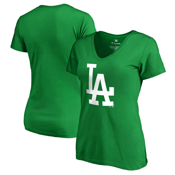 Women's Los Angeles Dodgers Fanatics Branded Kelly Green Plus Size St. Patrick's Day White Logo V Neck T-Shirt