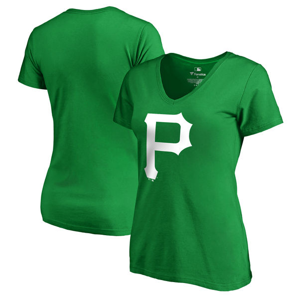 Women's Pittsburgh Pirates Fanatics Branded Kelly Green Plus Size St. Patrick's Day White Logo V Neck T-Shirt - Click Image to Close