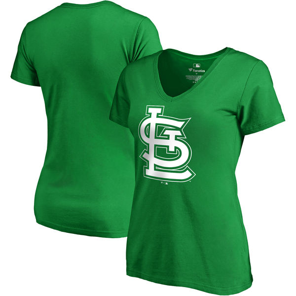 Women's St. Louis Cardinals Fanatics Branded Green St. Patrick's Day White Logo V Neck T-Shirt - Click Image to Close