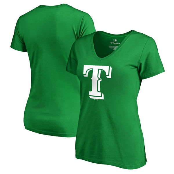 Women's Texas Rangers Fanatics Branded Kelly Green Plus Size St. Patrick's Day White Logo V Neck T-Shirt