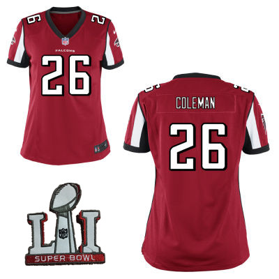 Nike Falcons 26 Tevin Coleman Red Women 2017 Super Bowl LI Game Jersey - Click Image to Close