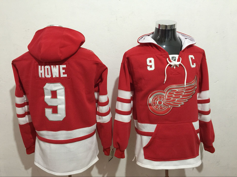 Red Wings 9 Gordie Howe Red All Stitched Hooded Sweatshirt