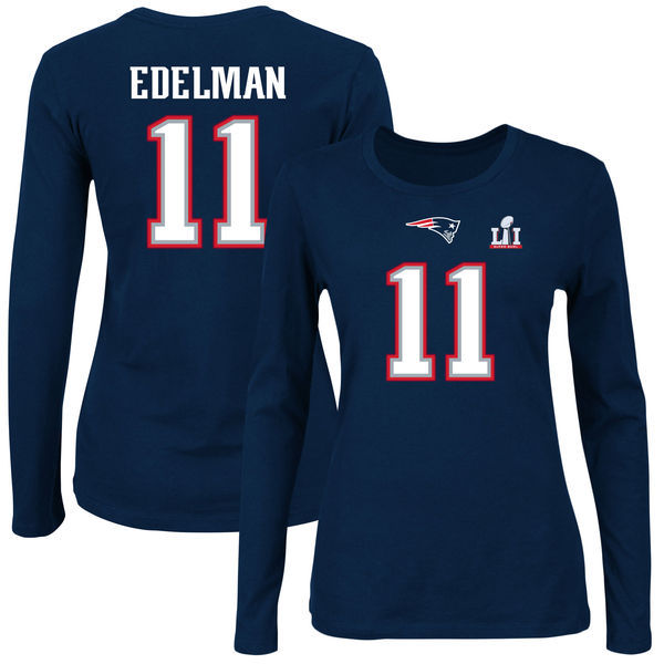 New England Patriots 11 Julian Edelman Navy Women's Long Sleeve T-Shirt - Click Image to Close