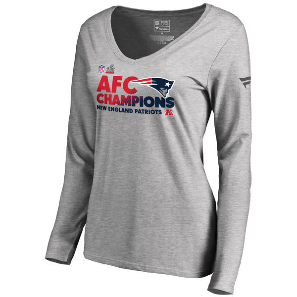 New England Patriots 2016 AFC Champions Grey Women's Long Sleeve T-Shirt - Click Image to Close