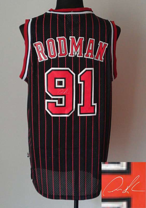 Bulls 91 Rodman Black Pinstripe Signature Edition Jerseys